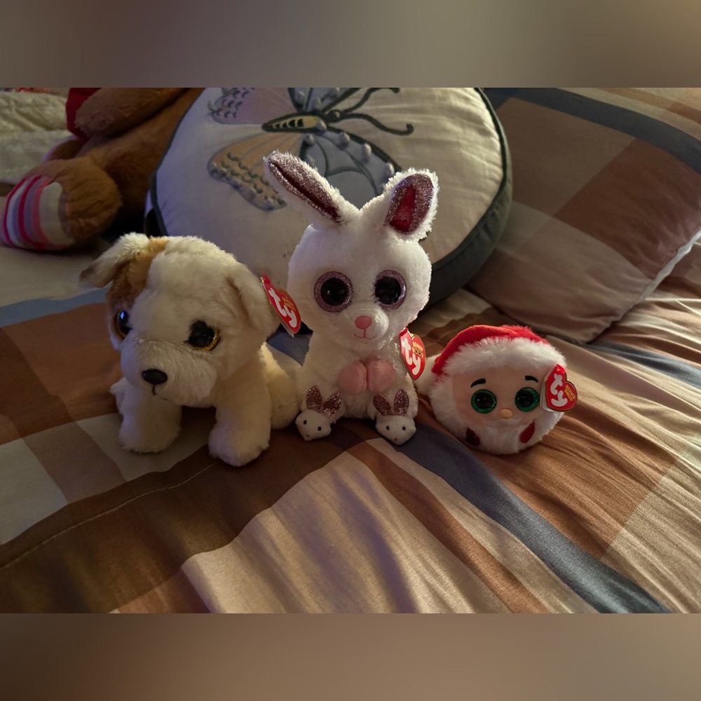 Ty Stuffed Animals Set - Cream Dog, White Bunny, Red Santa, Easter Bunny